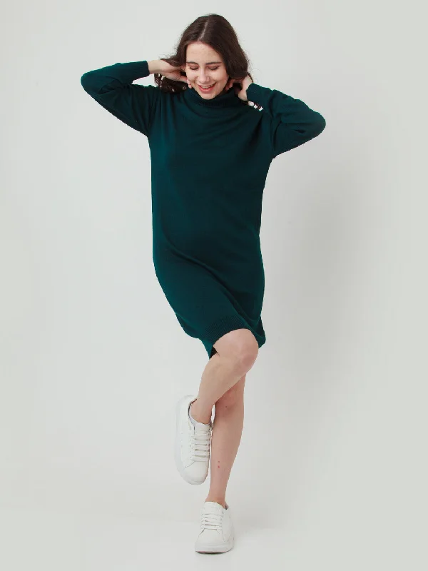 Green Solid Oversized Sweater Solid Print Embellished