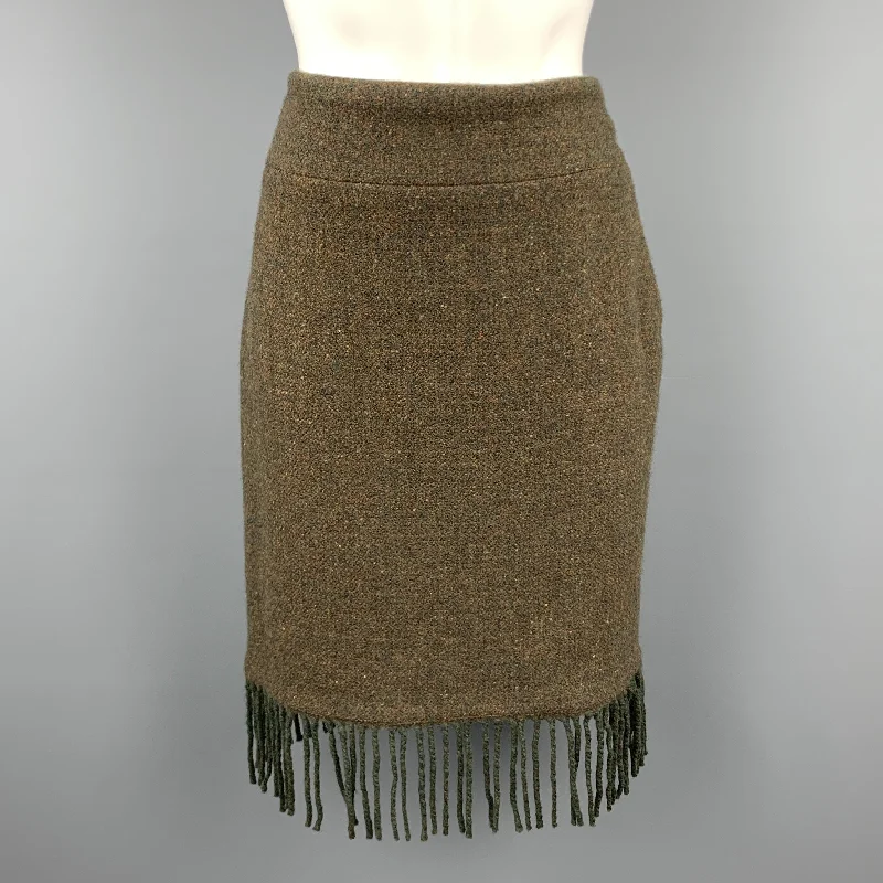 RALPH LAUREN Size 6 Olive Wool / Cashmere Tweed Fringe Skirt leather skirt durable