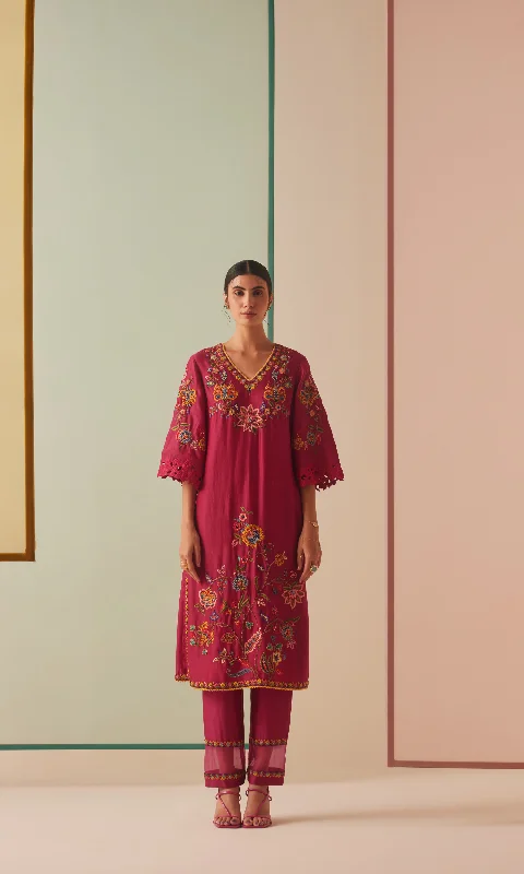 Fuchsia embroidered kurta with organza detail pants Warm Wool Trousers