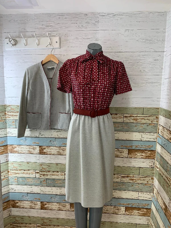 70s Dress With Pussy Bow Collar, With Jacket & Belt Set Wool Jacket Cashmere Jacket Tweed Jacket