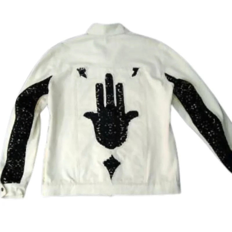 White Denim Moroccan Jacket with Hamsa Cotton Jacket Linen Jacket Terry Jacket