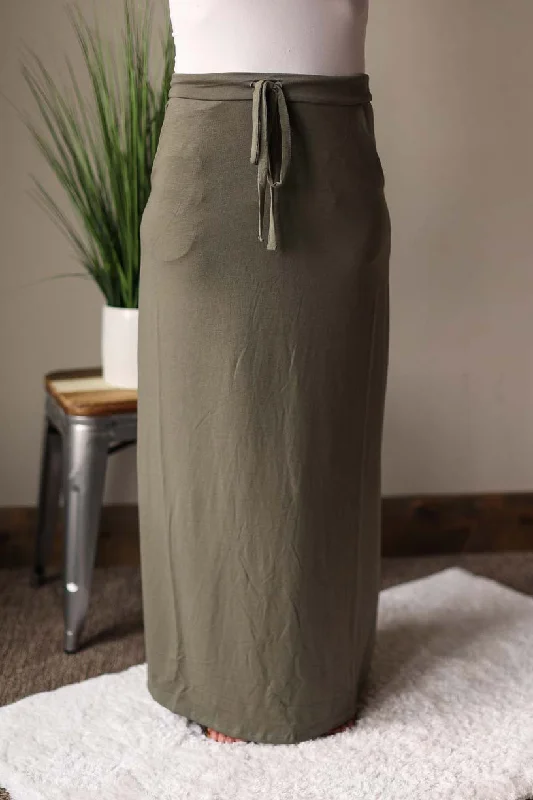 Light Olive Maxi Skirt with Pockets, S low waist skirt
