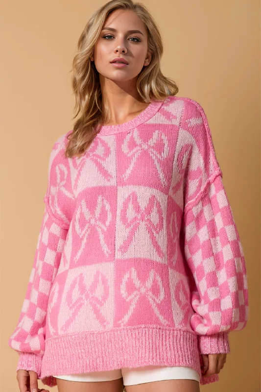 Sweetheart Bow Check Sweater Layered Multi-layer Single Layer