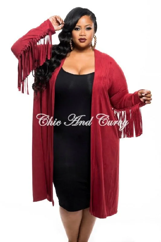 Final Sale Plus Size Jacket in Faux Suede with Fringe Sleeves and Slit Back in Burgundy Appliqued Jacket Beaded Jacket Sequined Jacket Final Sale Plus Size Jacket in Faux Suede with Fringe Sleeves and Slit Back in Burgundy Appliqued Jacket Beaded Jacket Sequined Jacket