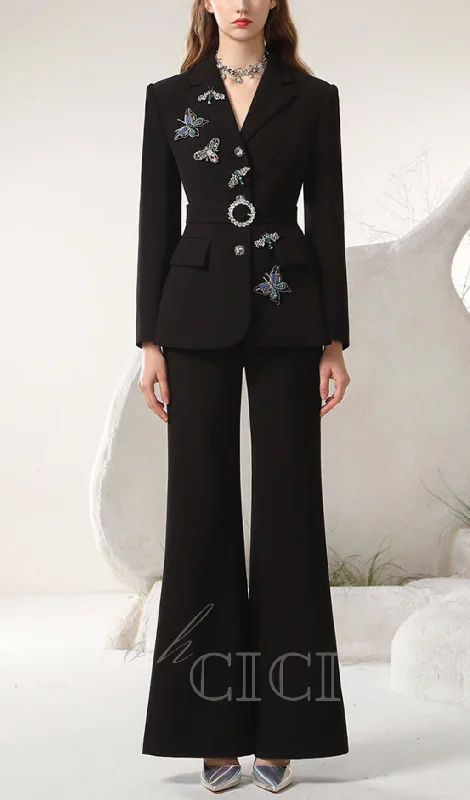 OCTAVIA BUTTERFLY EMBELLISH BLACK JACKET PANTS SUIT Comfortable Wide-Leg Pants