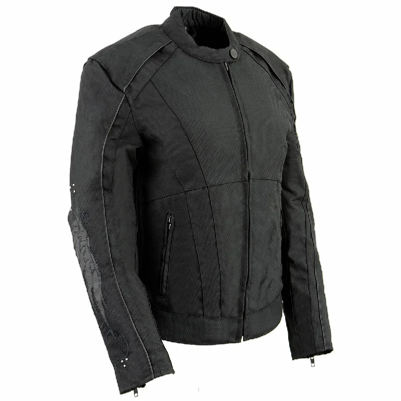 Milwaukee Leather SH1954 Women's Black Textile Jacket with Stud and Wings Detailing Knit Fabric Woven Fabric Fleece Fabric Milwaukee Leather SH1954 Women's Black Textile Jacket with Stud and Wings Detailing Knit Fabric Woven Fabric Fleece Fabric