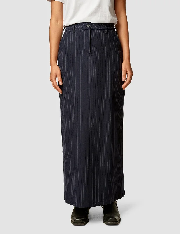 Essential Maxi Skirt Navy Pinstripe button skirt front