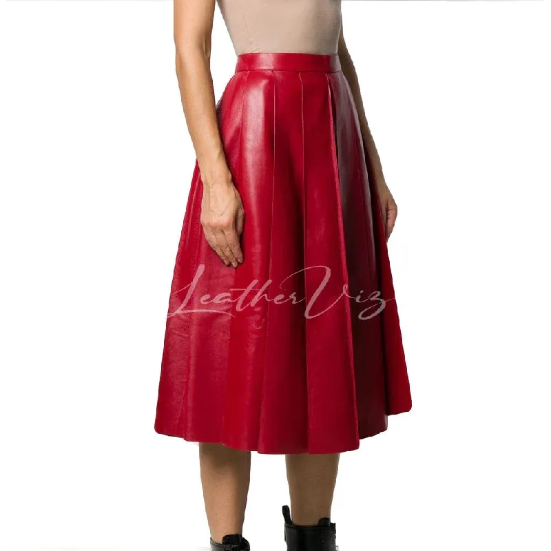 BOX PLEATED RED LEATHER MIDI SKIRT asymmetrical skirt cut