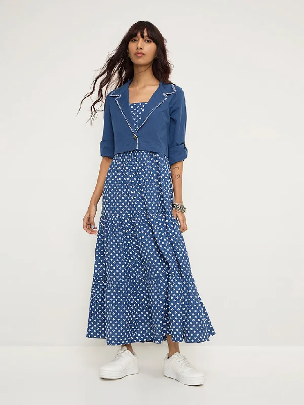 Bombay Paisley Blue Bandhani Cotton-Blend Tiered Dress with Jacket Collared Jacket Crew Neck Jacket Turtle Neck Jacket Bombay Paisley Blue Bandhani Cotton-Blend Tiered Dress with Jacket Collared Jacket Crew Neck Jacket Turtle Neck Jacket