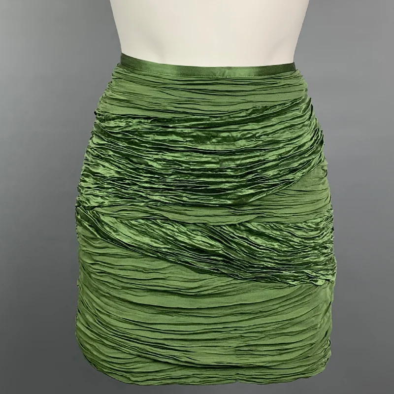 CATHERINE MALANDRINO Size 4 Green Ruched Silk Mini Skirt denim skirt fashionable