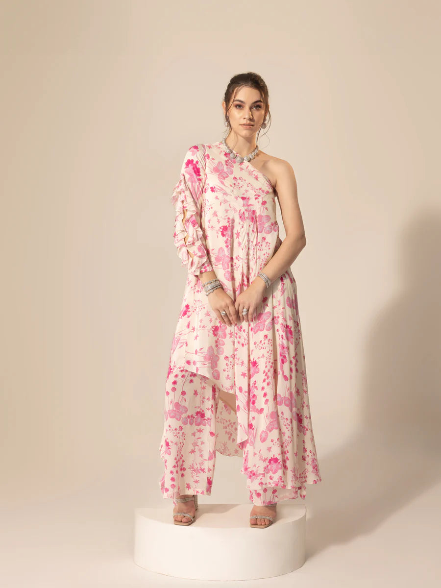 Ivory & Pink One Shoulder Tunic & Pants Classic Pleated Pants