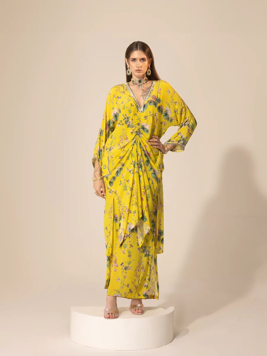 Yellow Botanical Drawstring Kaftan & Pants Set Fashionable Button-Up Pants