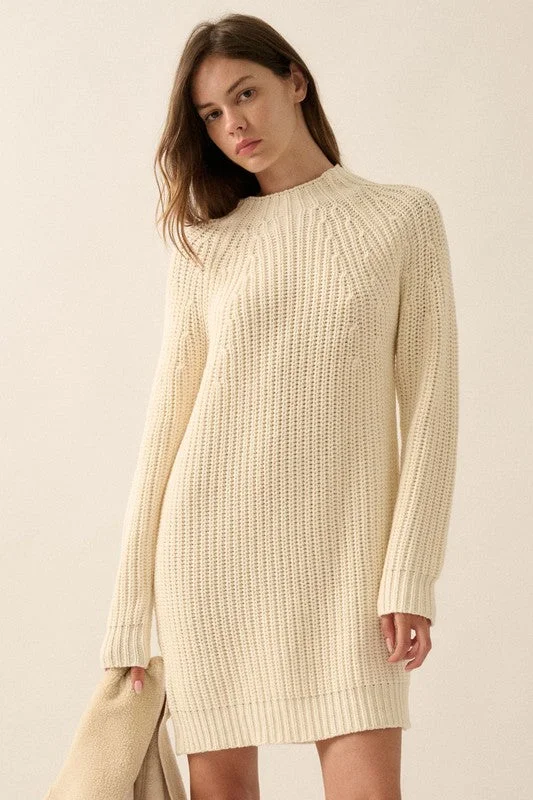 Solid Knit Mini Sweater Dress Cashmere Blend Cotton Blend Poly Blend
