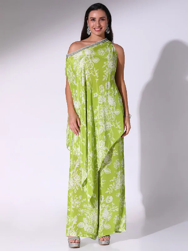 Lime Green Off Shoulder Tunic & Straight Pants Chic Wool Trousers