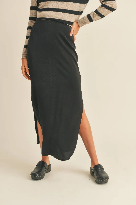 ADALYN BLACK SATIN SIDE SLIT SKIRT ruffled skirt detail