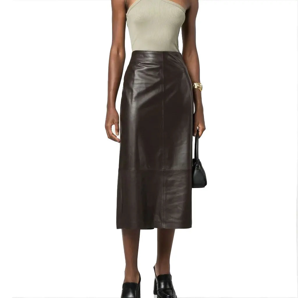 High Waisted Dark Brown Leather Skirt Mid Length low waist skirt