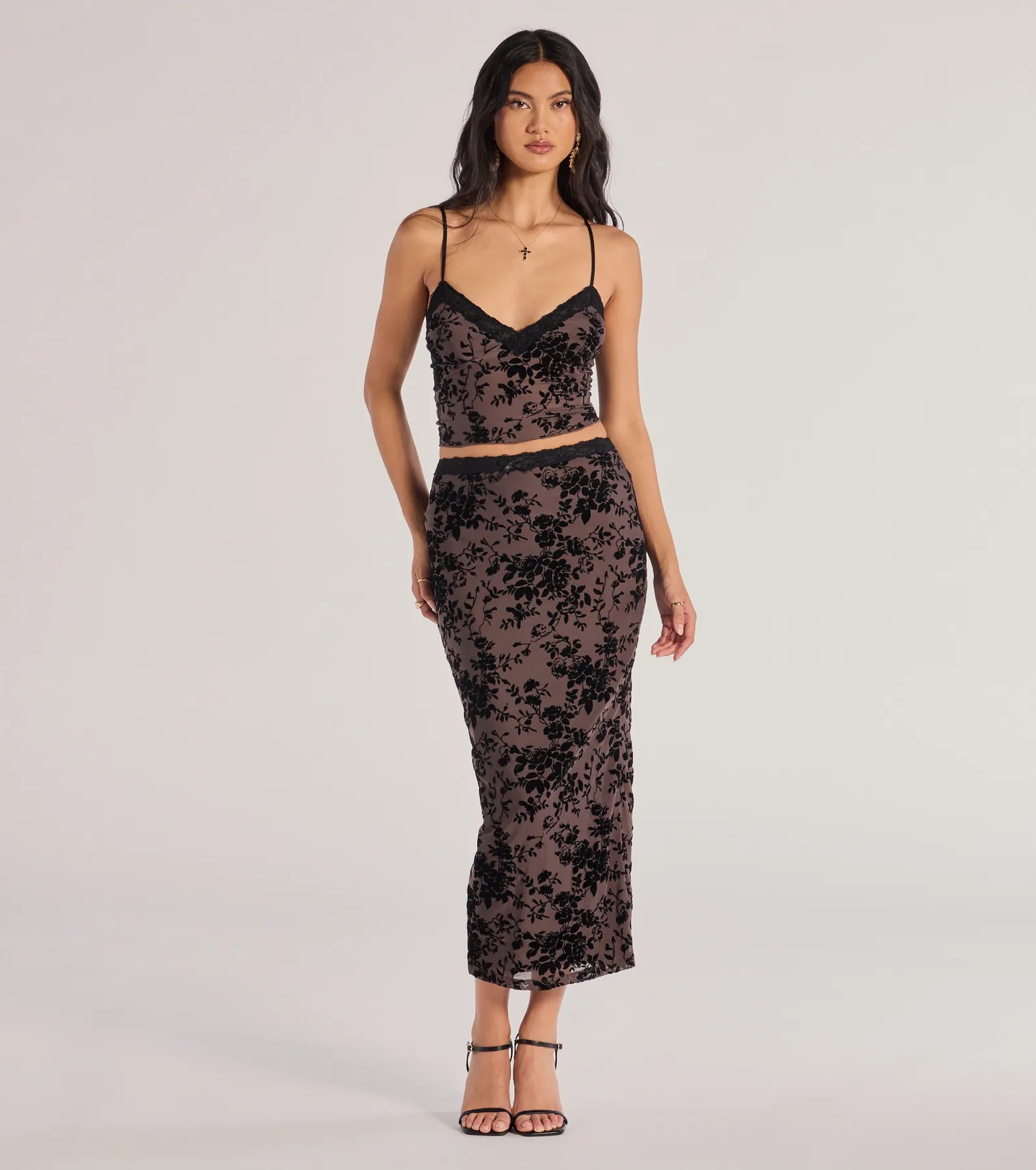 Luxe Touch Flocked Velvet Midi Skirt velvet skirt luxurious