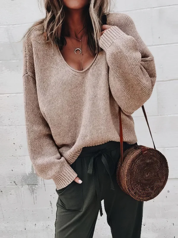 V-Neck Long Sleeve Solid Loose Knit Sweater Elasticated Padded Insulated