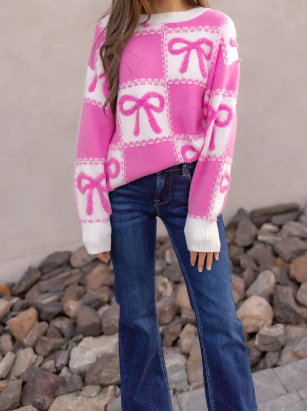 Bow Check It Girl Sweater Spandex Blend Rayon Blend Denim Blend