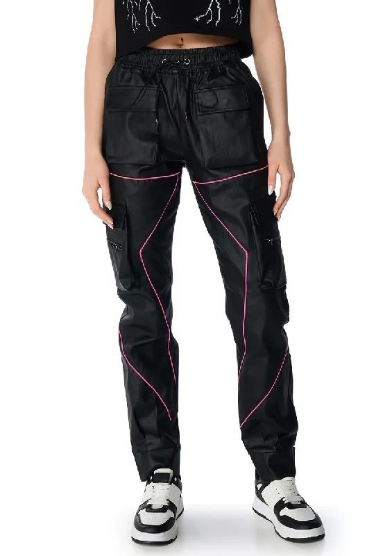 FAUX LEATHER JOGGER PANT WITH PINK PIPING Relaxed Linen Pants