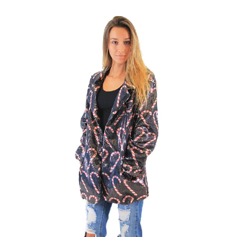 Women's Sequin Candy Cane Ugly Christmas Blazer Jacket Faux Fur Fabric Real Fur Fabric Shearling Fabric Women's Sequin Candy Cane Ugly Christmas Blazer Jacket Faux Fur Fabric Real Fur Fabric Shearling Fabric
