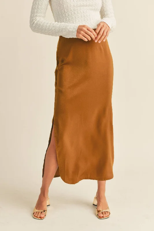 ADALYN SATIN SIDE SLIT SKIRT: BROWN / L belted skirt waist