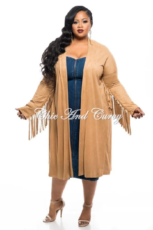 Final Sale Plus Size Jacket in Faux Suede with Fringe Sleeves and Slit Back in Camel Print Jacket Jacquard Jacket Embroidered Jacket Final Sale Plus Size Jacket in Faux Suede with Fringe Sleeves and Slit Back in Camel Print Jacket Jacquard Jacket Embroidered Jacket