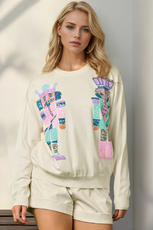 Double Take Full Size Sequin Nutcracker Long Sleeve Sweater Neon Metallic Matte