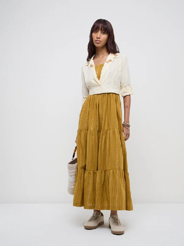 Bombay Paisley Mustard Striped Cotton Tiered Dress with Jacket Welt Pockets Slit Pockets Flap Pockets Bombay Paisley Mustard Striped Cotton Tiered Dress with Jacket Welt Pockets Slit Pockets Flap Pockets