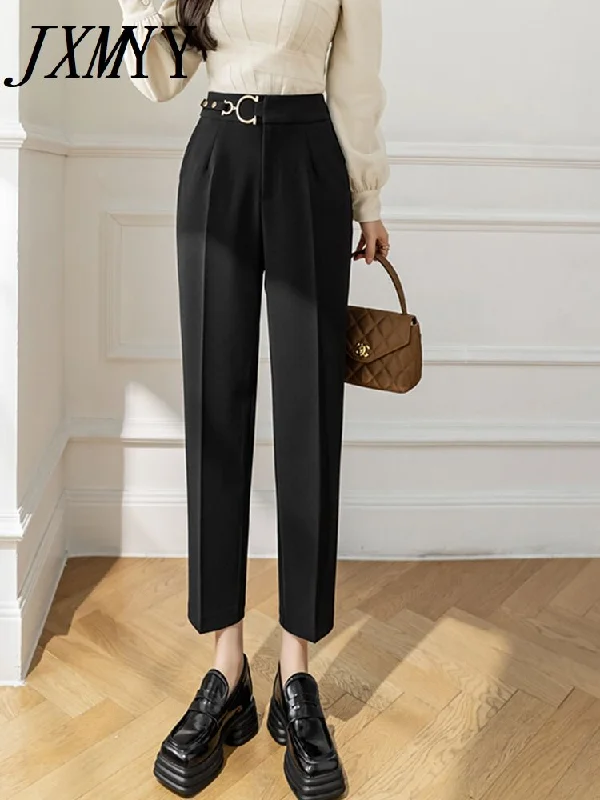 imCharms 2023 Spring and Autumn High Waist Metal Buckle Straight Harlan Simple Ladies Versatile Casual Pants Trendy High-Waist Trousers