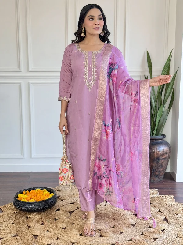 Purple Designer Readymade Pant Suit With Wevon Embroidery Work Cozy Fitted Pants