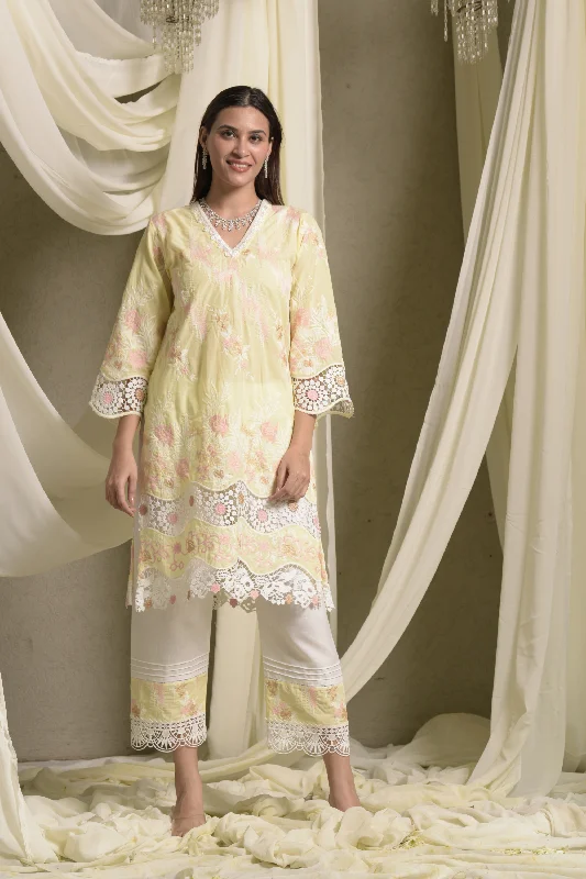 Myra Mesh Floral Lace Kurta With Pant - Yellow Relaxed Fit Trousers