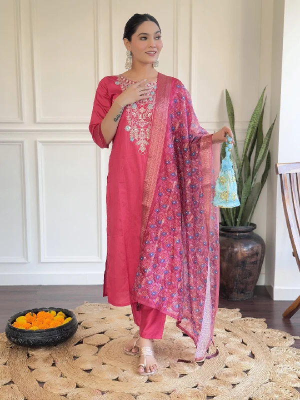 Pink Designer Readymade Pant Suit With Printed Embroidery Work Classic Straight Pants