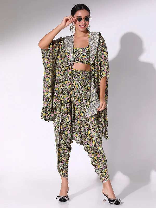 Black Micro Printed Short Ruffled Kaftan With Dhoti Pants High-Waist Yoga Pants