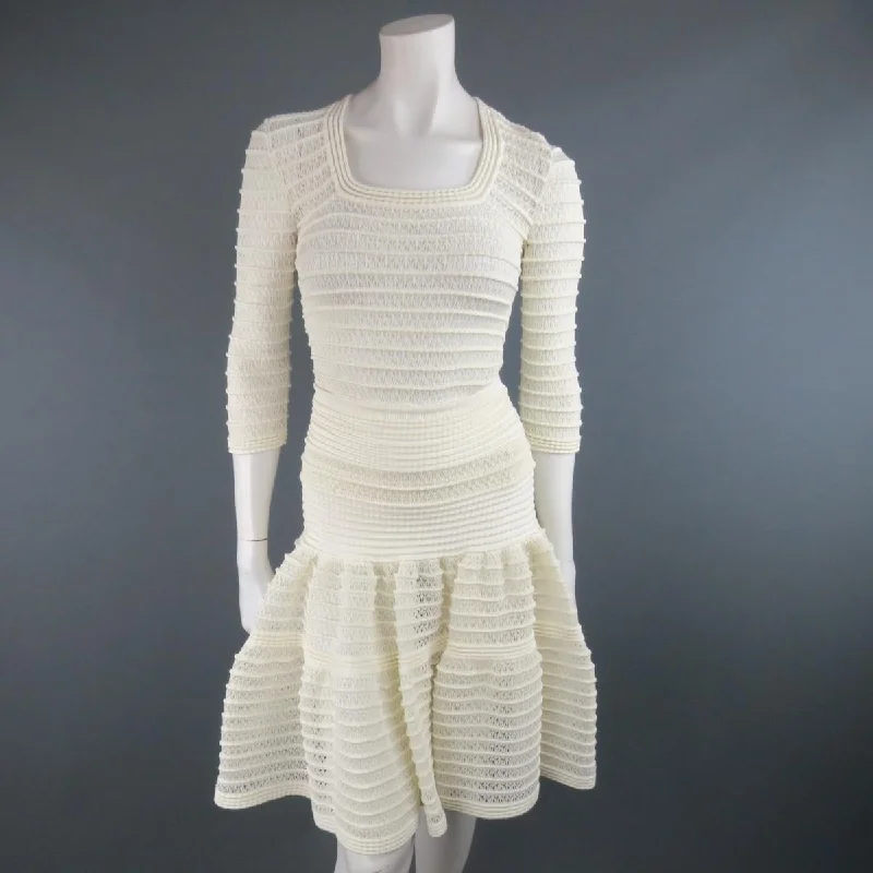 ALAIA Size M Cream Mesh Knit Scoop Neck Ruffle Skirt Set mini skirt trendy