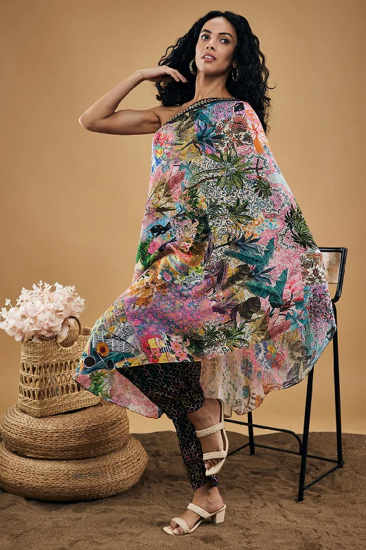 Tropical Twilight Printed One-Shoulder Kurta With Pants Formal Stretch Pants