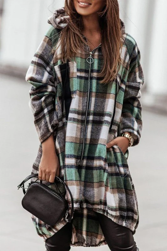 ELASTIC HEM ZIP UP PLAID PATTERN LONG JACKET Collared Jacket Crew Neck Jacket Turtle Neck Jacket ELASTIC HEM ZIP UP PLAID PATTERN LONG JACKET Collared Jacket Crew Neck Jacket Turtle Neck Jacket