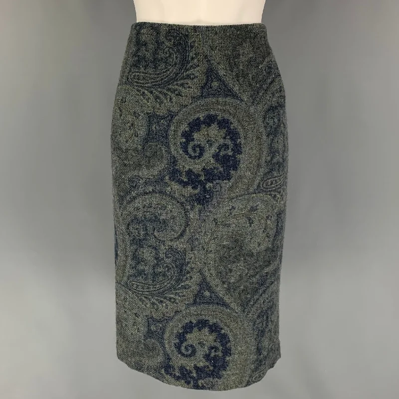 RALPH LAUREN Black Label Size 4 Blue Grey Wool Paisley Pencil Below Knee Skirt velvet skirt luxury