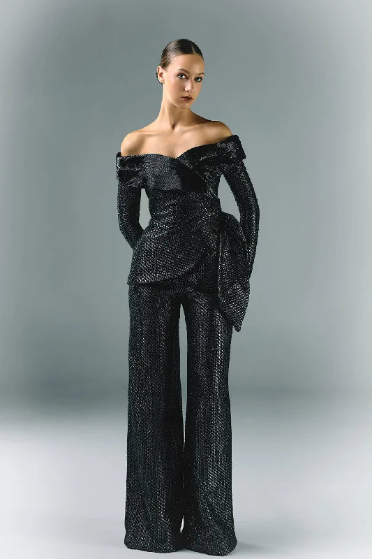 Off shoulder tweed embroidered jacket and  pants Formal Dress Pants