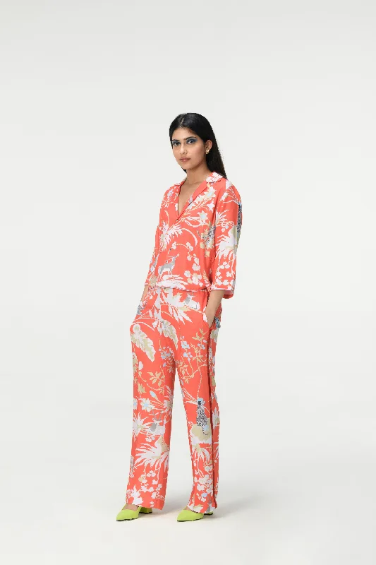 Rainforest Pyjama Pant Coral Cotton Silk Twill Comfy Zip-Up Pants