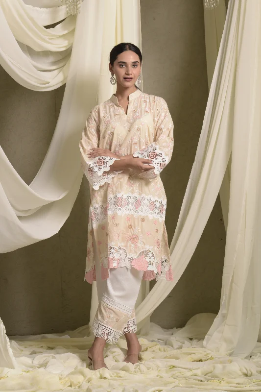 Myra Mesh Floral Lace Kurta With Pant - Beige Formal Dress Pants