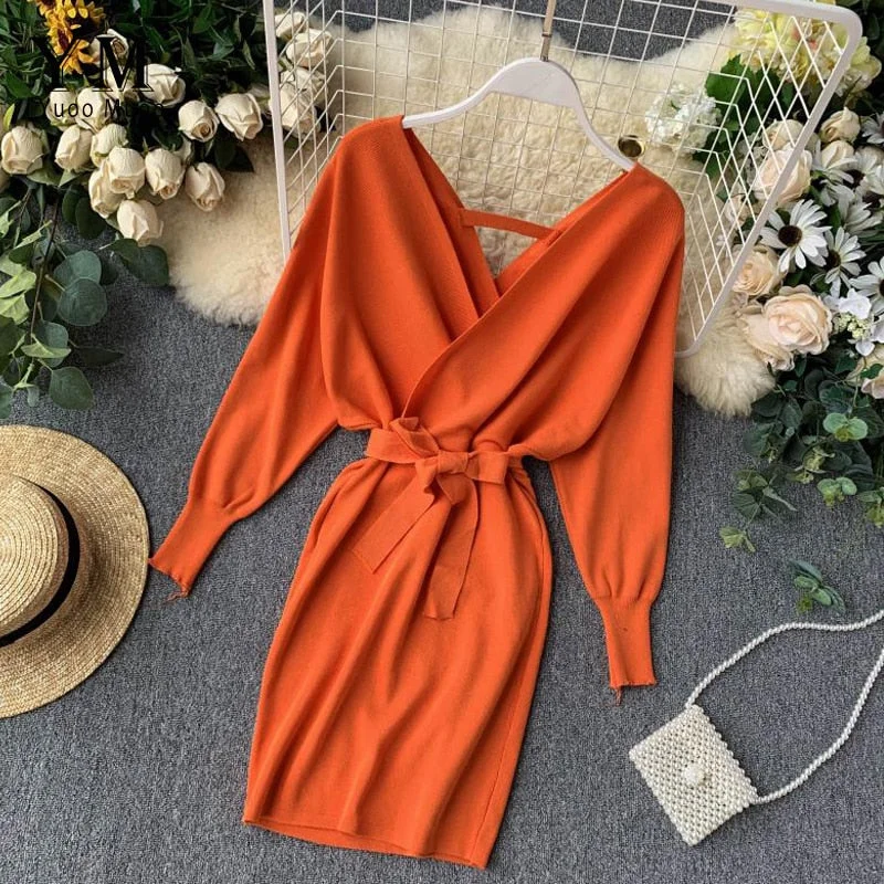 YuooMuoo Autumn Winter Women Knitted Sweater Dress 2019 New Korean Long Batwing Sleeve V Neck Elegant Dress Ladies Bandage Dress Notch Collar Peter Pan Collar Cowl Neck YuooMuoo Autumn Winter Women Knitted Sweater Dress 2019 New Korean Long Batwing Sleeve V Neck Elegant Dress Ladies Bandage Dress Notch Collar Peter Pan Collar Cowl Neck