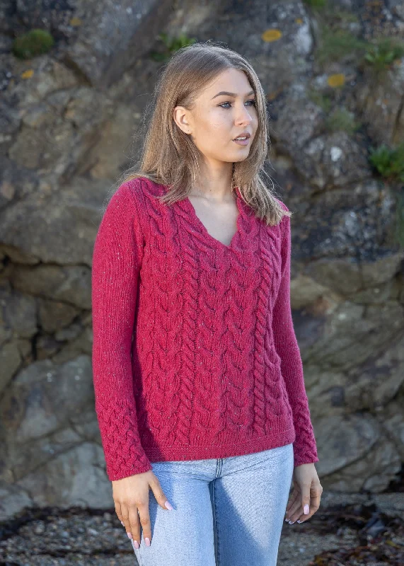 IrelandsEye Women's V Neck Aran Sweater | Bramble Berry Transparent Opaque Sheer