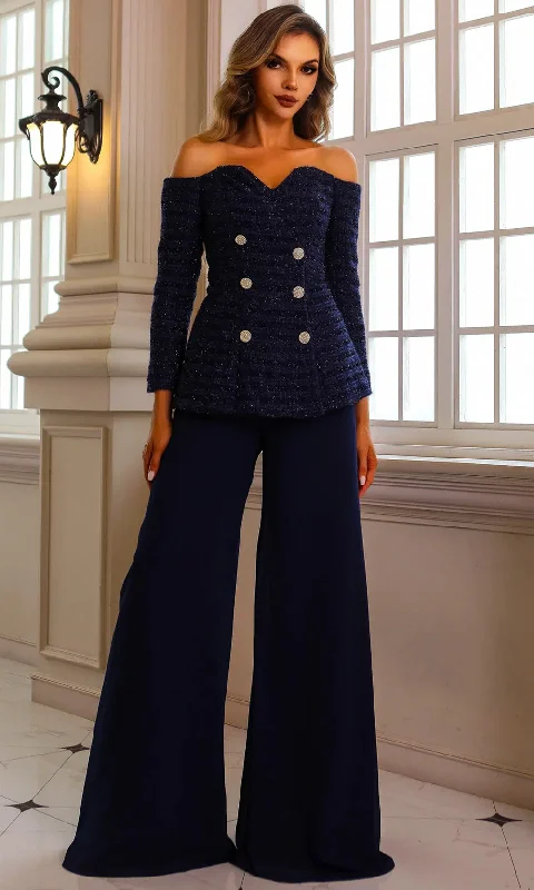 Terani Couture 242E3185 - Off Shoulder Metallic Pantsuit Soft Wool Pants