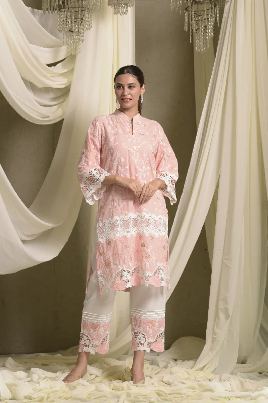 Myra Mesh Floral Lace Kurta With Pants - Peach Casual Yoga Pants