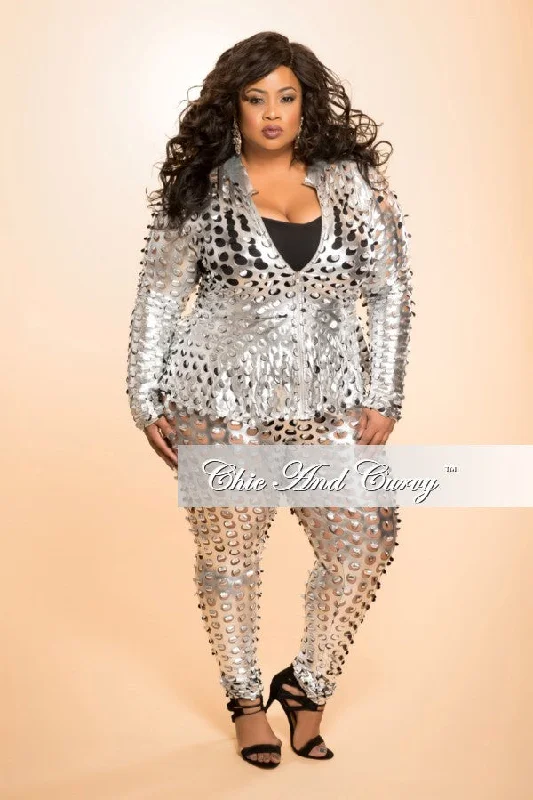 Final Sale Plus Size 2pc Jacket and Pant Set with Circle Laser Cutouts in Silver Liquid Jersey Jacket Tulle Jacket Batik Jacket Final Sale Plus Size 2pc Jacket and Pant Set with Circle Laser Cutouts in Silver Liquid Jersey Jacket Tulle Jacket Batik Jacket