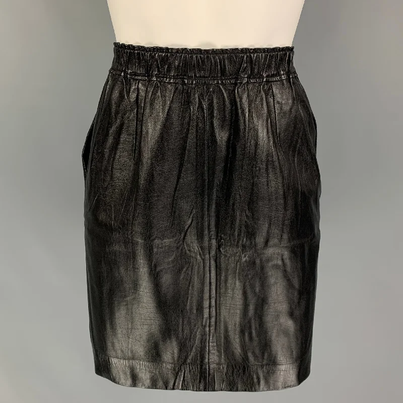 CELINE Size 6 Black Lamb Skin Elastic Waistband Above Knee Skirt linen skirt natural