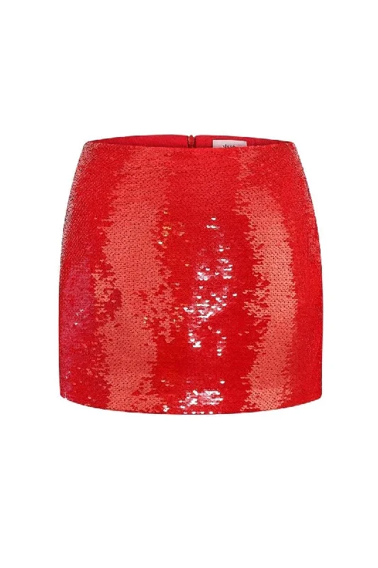 RED JEMMA SEQUINNED MINI SKIRT asymmetrical skirt cut
