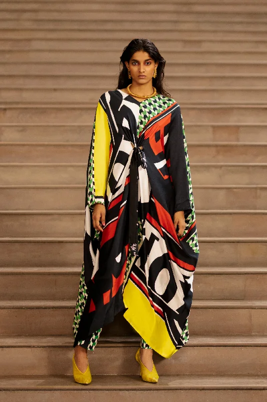 Script Print Kaftan With Pants Stylish Elastic Waist Pants