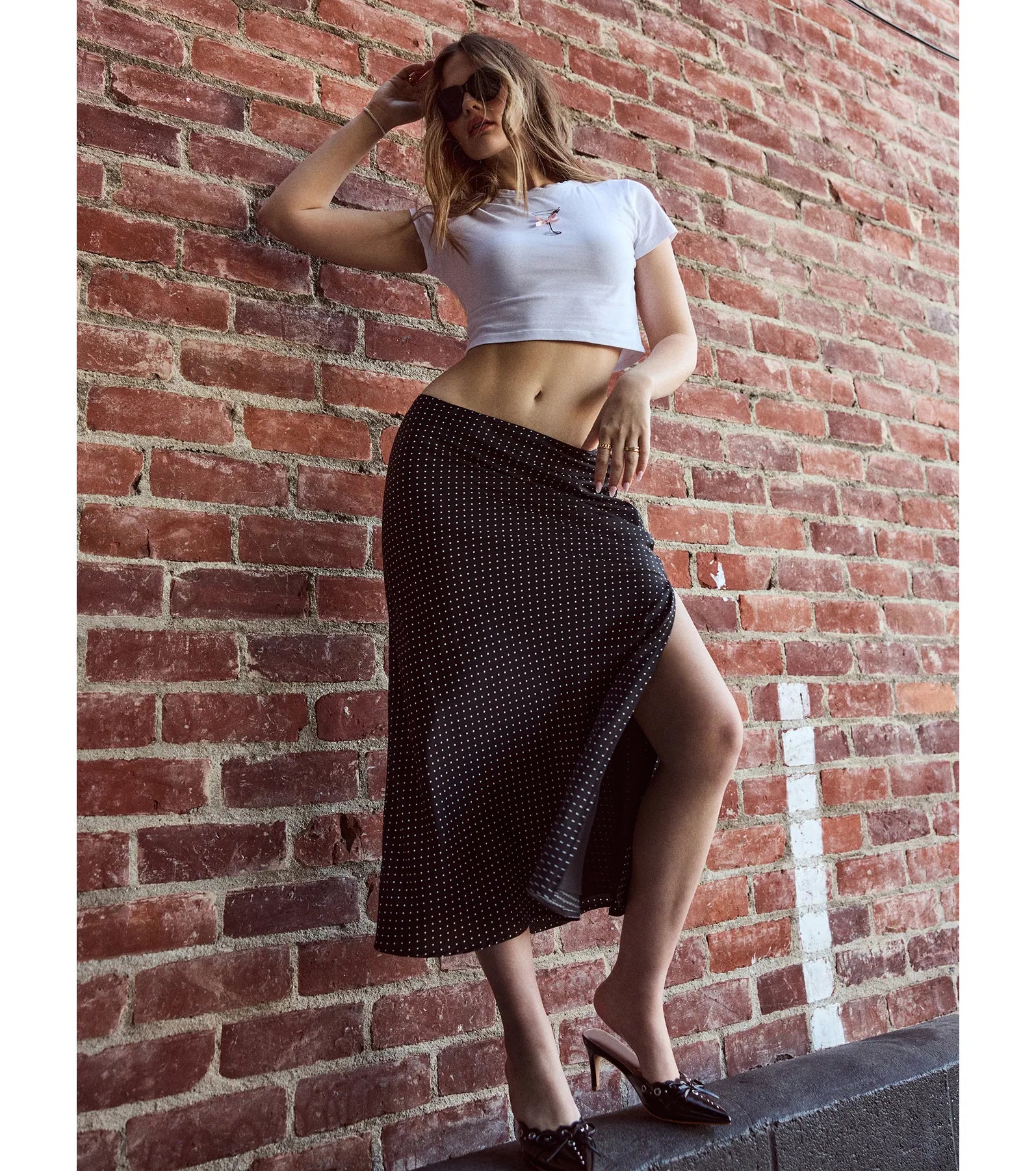 There She Goes High-Rise Slit Polka Dot Satin Midi Skirt cashmere skirt soft